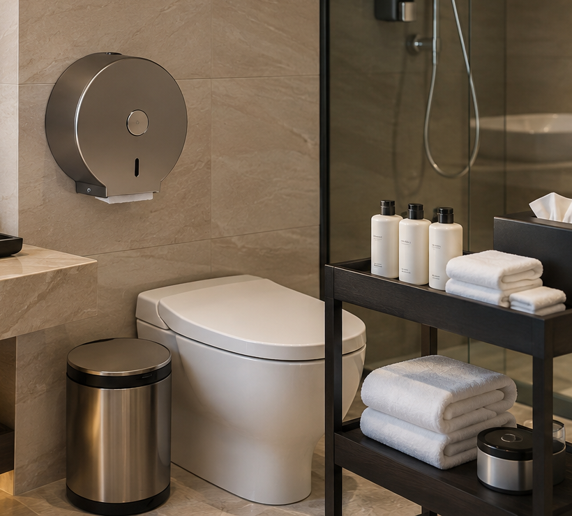 Hotel bathroom supplies including soap dispensers and washroom amenities