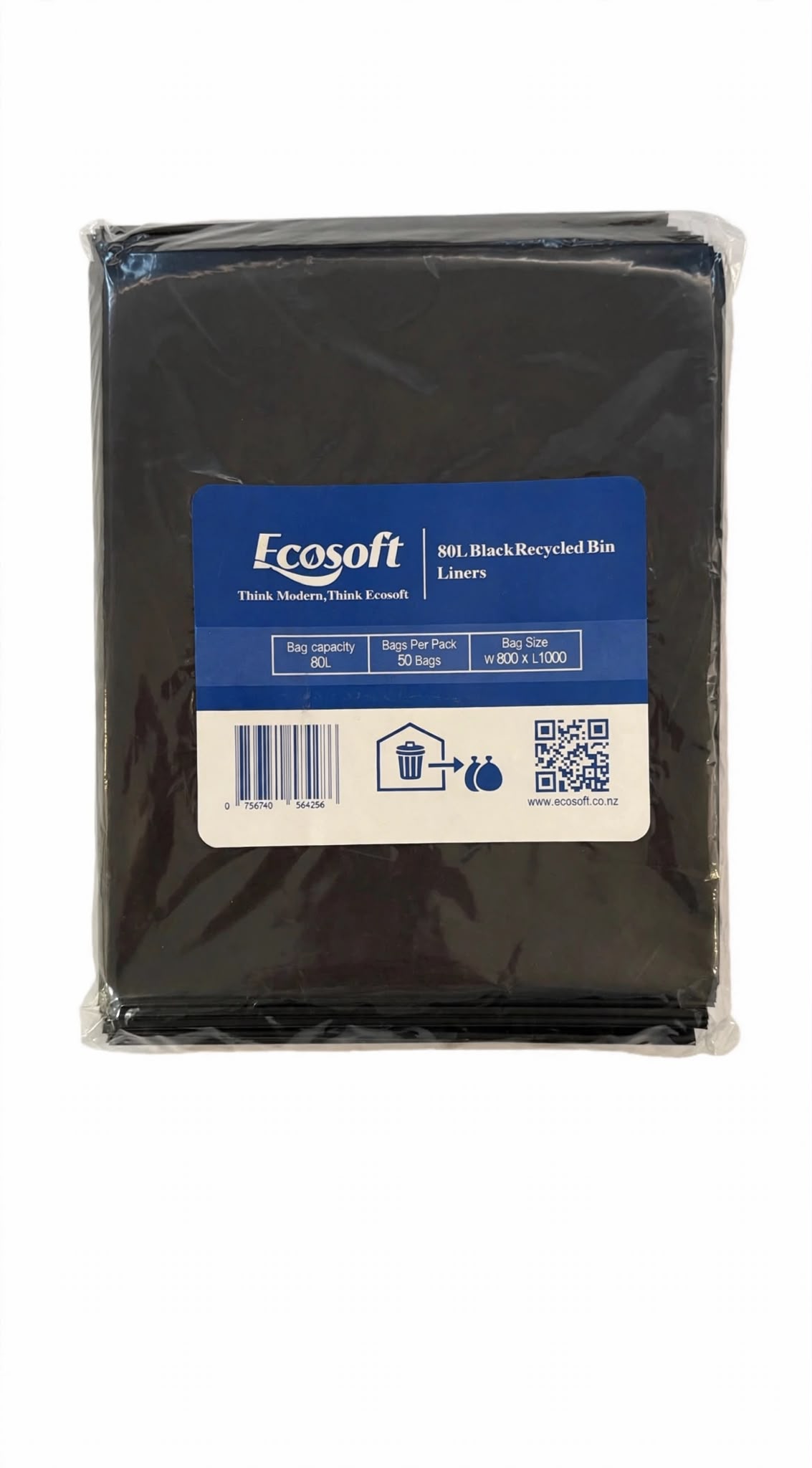 Ecosoft 80L Rubbish Bag 30mu - 50 Bags/Pack